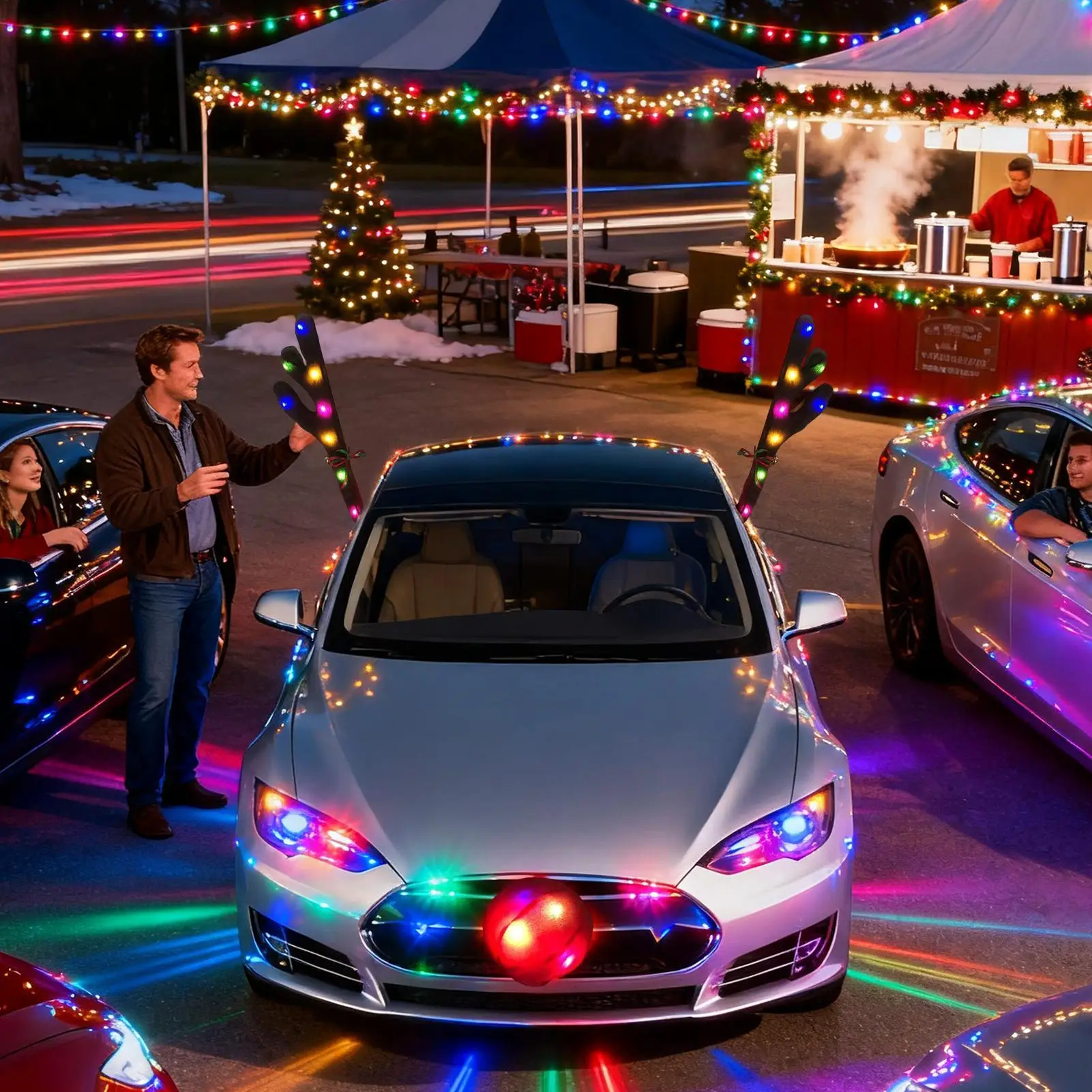 قرون السيارة LED قرن الوعل الرنة مع الأنف عيد الميلاد ديكور السيارة الخارجي مع ذيل للسيارات شاحنة سيارة SUV الخارجي