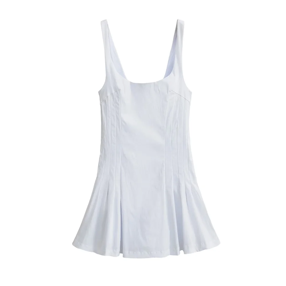 فستان نسائي أبيض واسع مطوي ، رقبة مربعة ، فستان قصير ، طراز أوربي وأمريكي ، موضة جديدة ، الصيف ، ZA ، 2024ZAR4