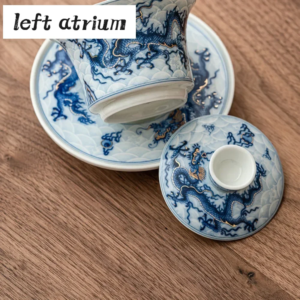 150ml Antique Gold Silver Inlaid Blue and White Dragon Gaiwan Household Tea Maker Cover Bowl Tea Services Decoration