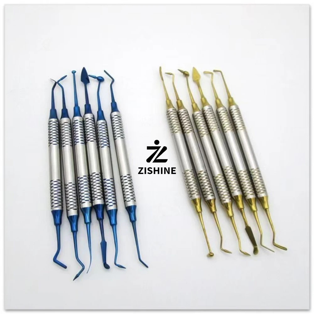 6Pcs/Set Dental Resin Filling Spatula Kit Blue Gold Titanium Coated Aesthetic Restoration Carver Double Ended Dentistry Kit 1Set