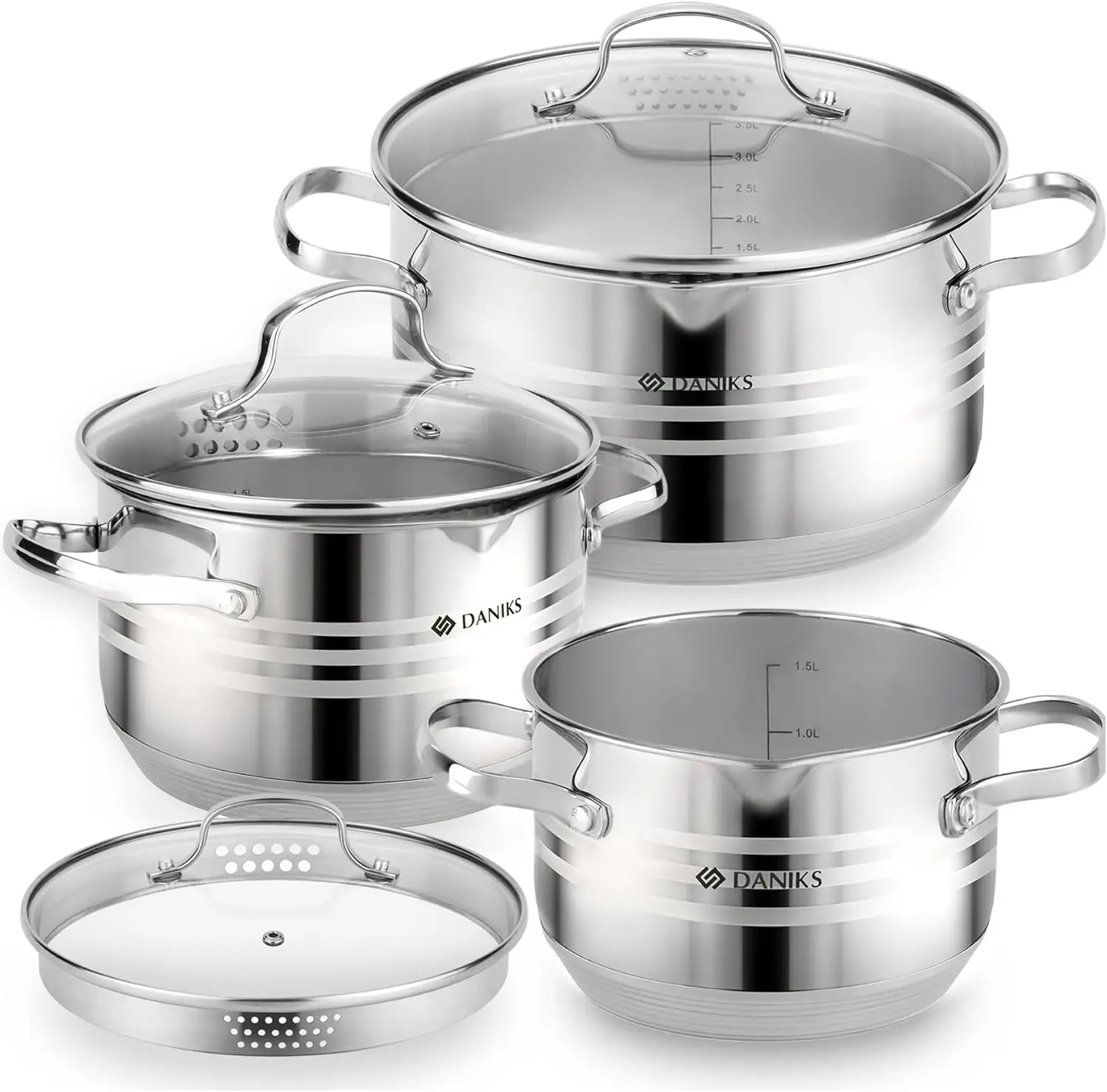 

6-Piece Stainless Steel Cookware Set with Glass Strainer Lids, Induction Ready, Dishwasher Safe