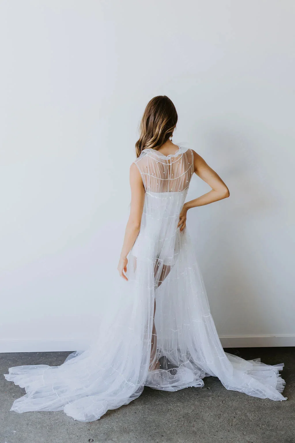 Sheer Ruffle Wedding Cape With Chic High Collar Studded With Beautiful Pearls Loose Outfit  DJ152