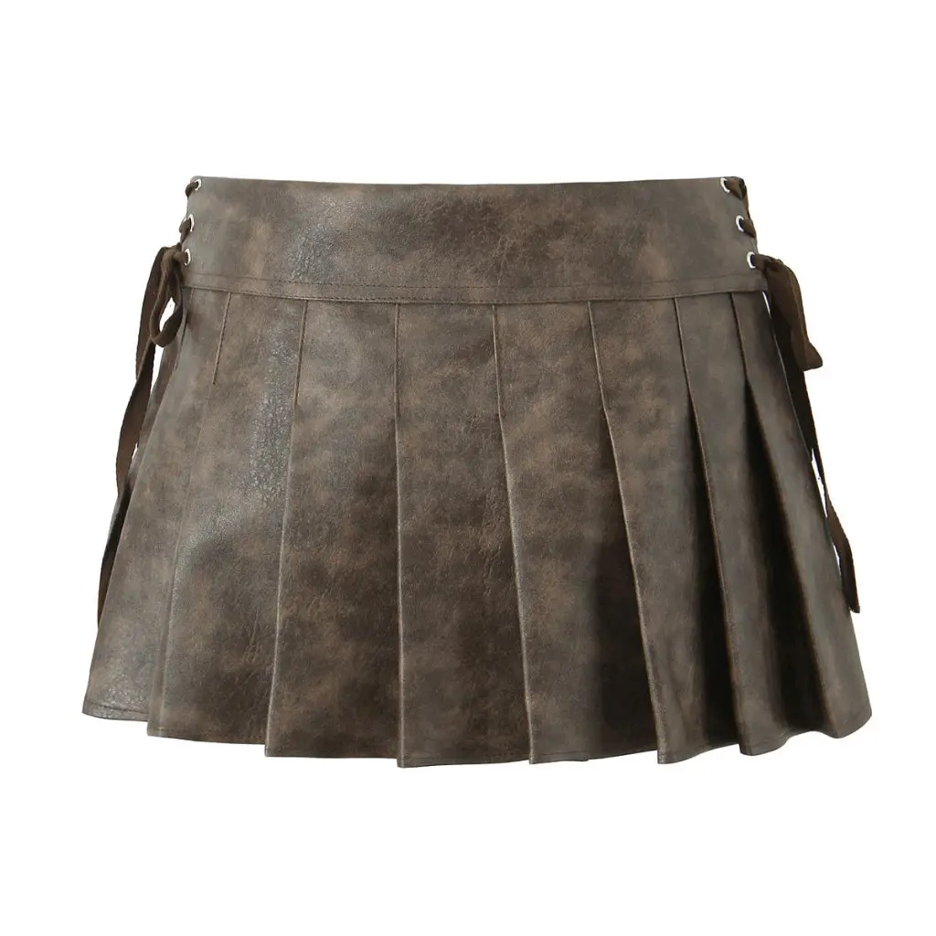 

Retro PU Leather Pleated Skirt for Women Low Waist Lace-Up A-Line Sexy Half Skirt for Autumn Winter New American Style Hot Girl