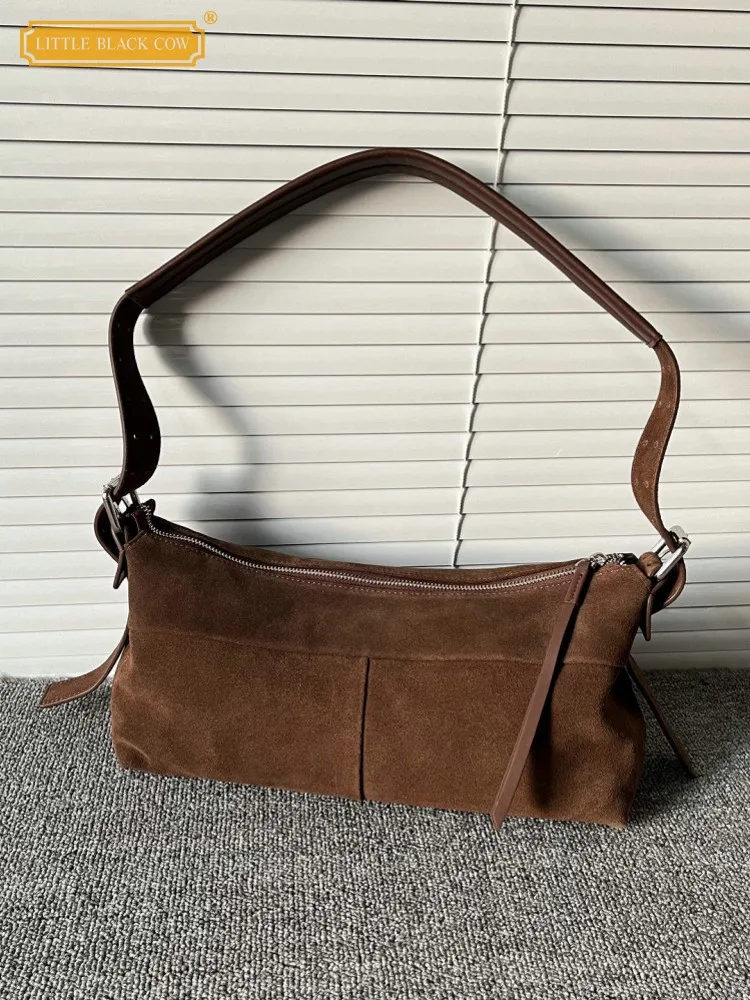 French Style Ladies Office Versatile Suede Genuine Leather Zipper Elegant Women Designer Crossbody Single Shoulder Underarm Bag