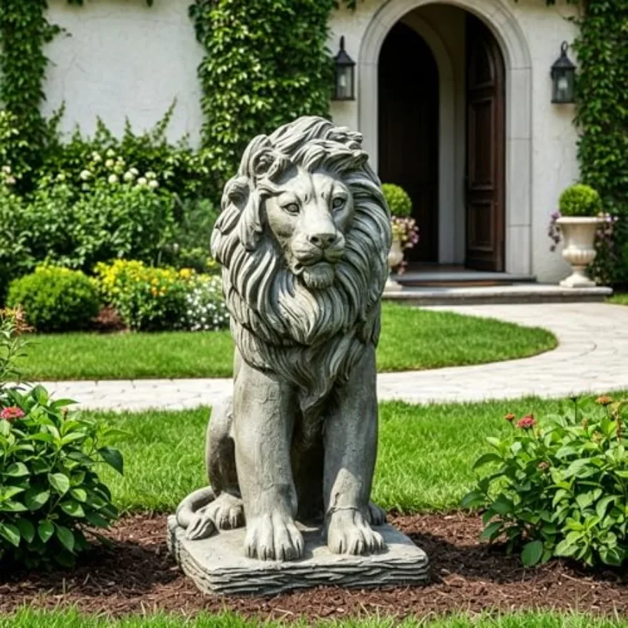 Garden outdoor decoration: concrete seated lion statue, gray, weather-resistant finish, 22.8 H for patio and yard