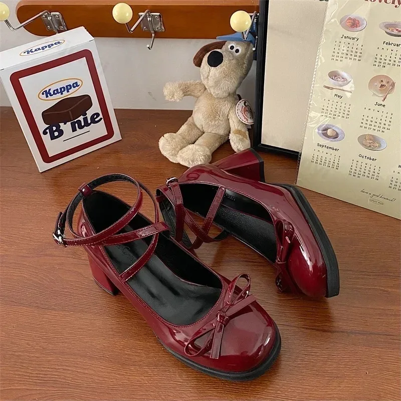 Red Mary Jane Women Pumps New Fashion Bowknot Thick High Heels Female Lolita Square Toe Party Leather Shoes for Woman Sandals image 4