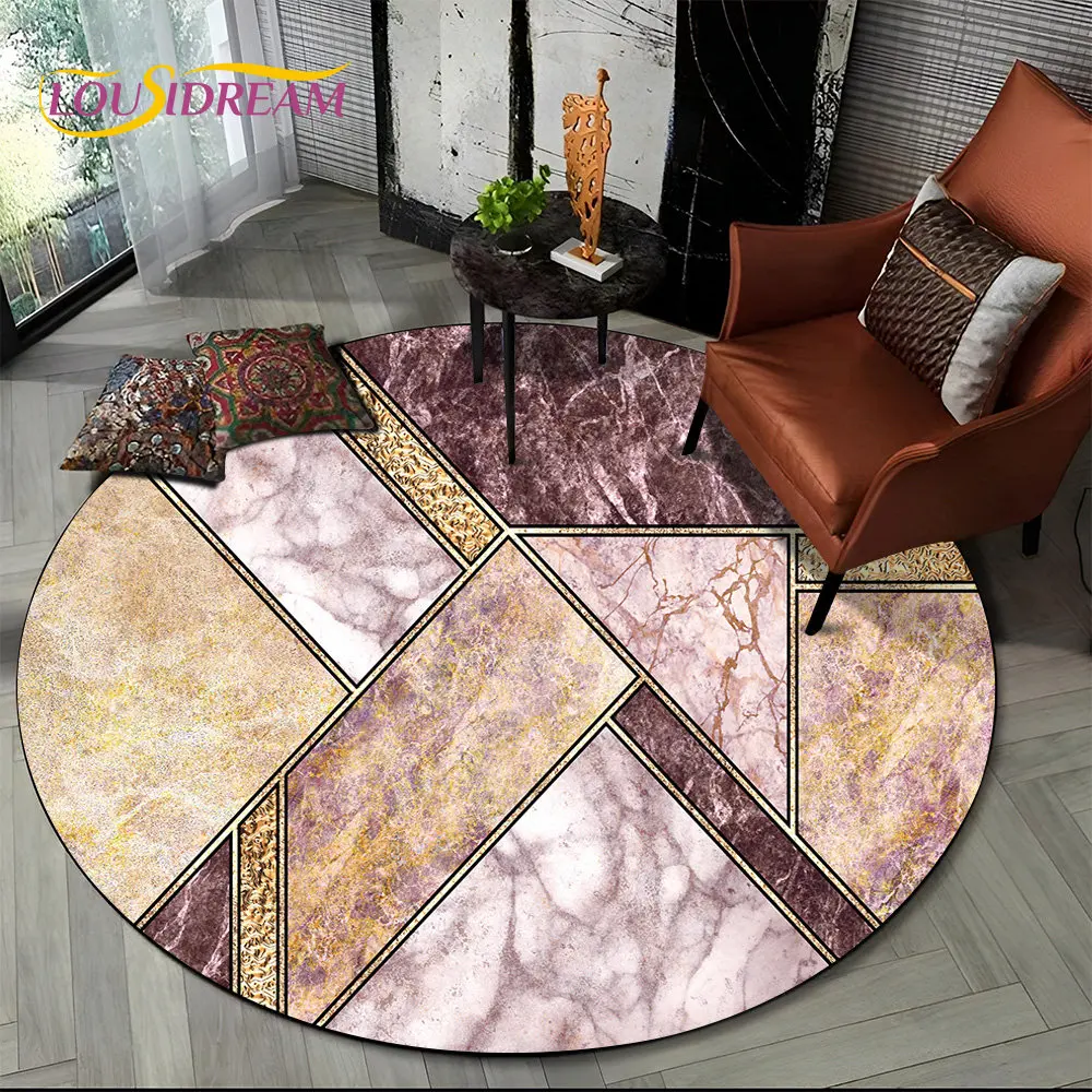 Bstract Geometry Marble Color Gold Round Area Rug, Circle Carpet for Living Room Bedroom Sofa Decor, Kids Floor Mat Kitchen Mat