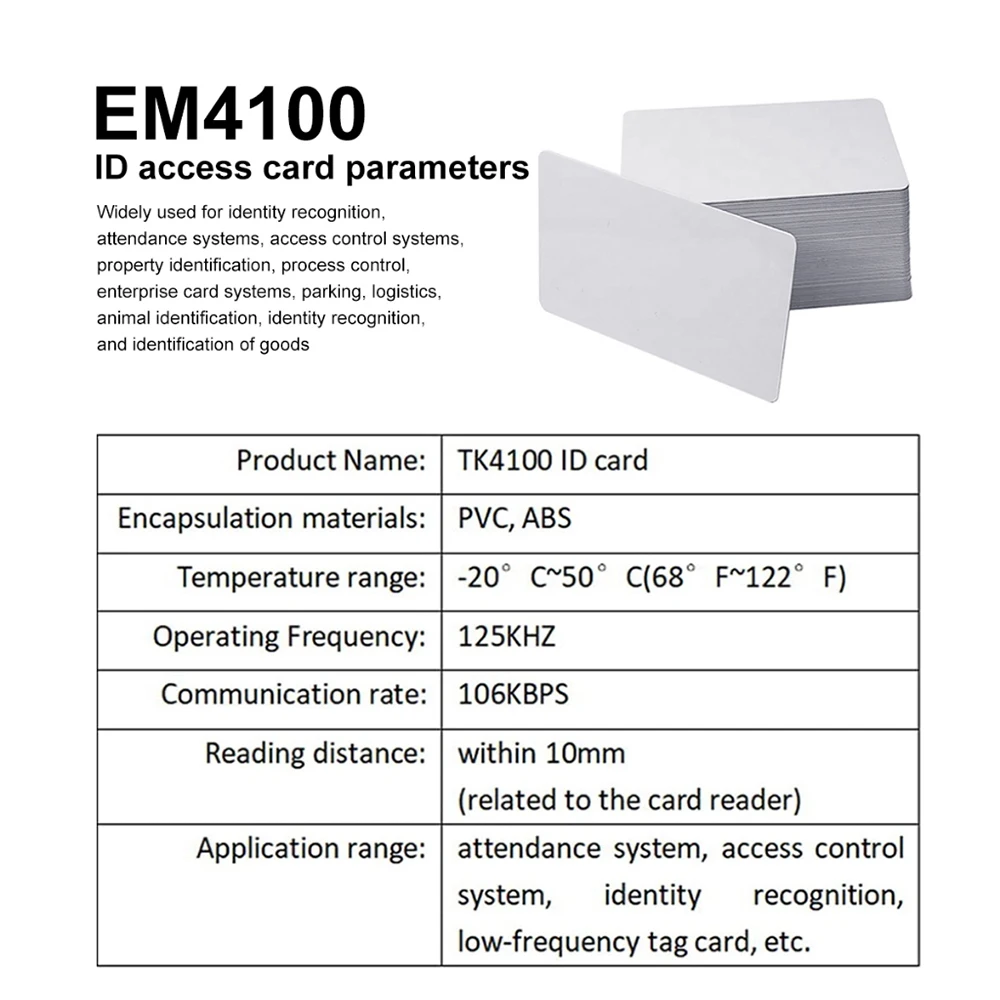 Tarjeta de identificación de lectura solo en blanco blanco RFID 125khz TK4100/EM4100 para lector de control de acceso LF