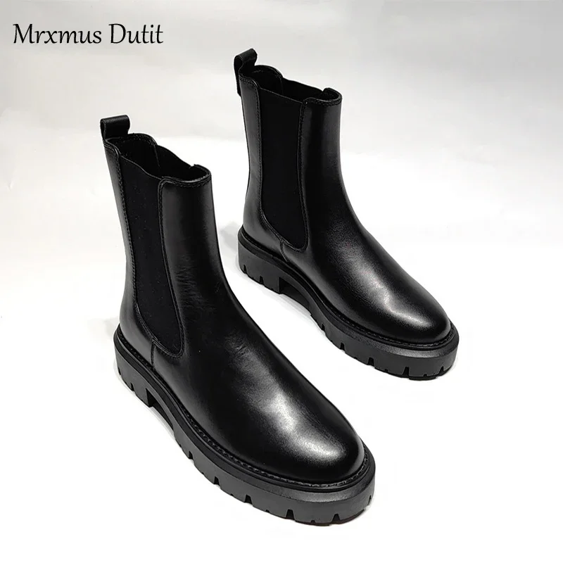 Mrxmus Dutit 2024 Autumn New Fashion Women England Style Genuine Leather Thick Sole Boots Solid Simple Chelsea Shoes Female