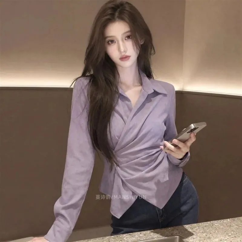 

Women's Ruched Waist Shirt Lapel Long Sleeve Elegant Slim Fit Blouse