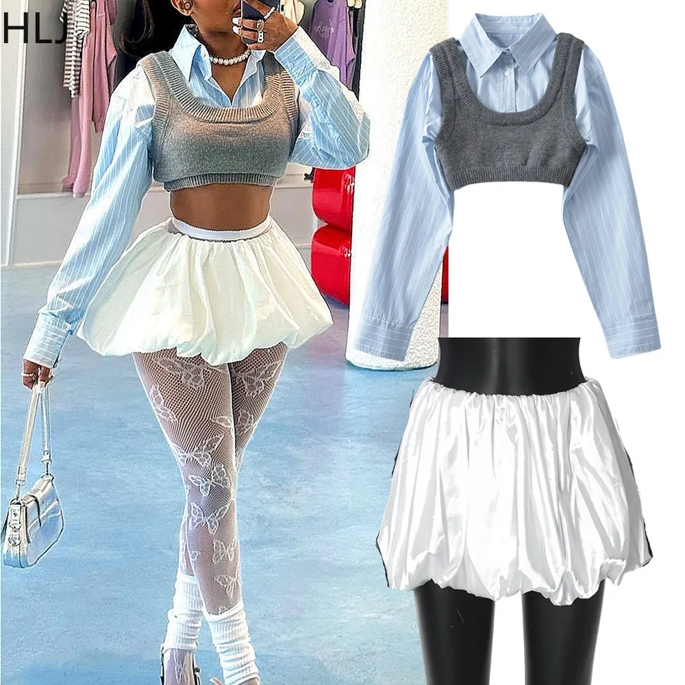 HLJ Fashion College Style Knit Vest Shirts Two Piece Set For Women Turndown Collar Long Sleeve Crop And Puffy Mini Skirts Outfit