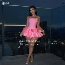 Qanz Sexy Pink Prom Dresses Short Mini Satin Cocktail Dresses with Bows Bones Backless Birthday Party Gown for Girls Customized