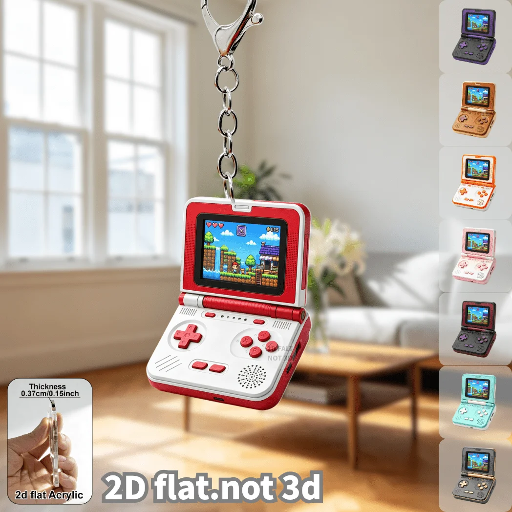 2D Flip Retro Handheld Game Console Keychain Flat Acrylic Gaming Pendant Charm Backpack Key Ring for Gamer Souvenir Hobby Lover