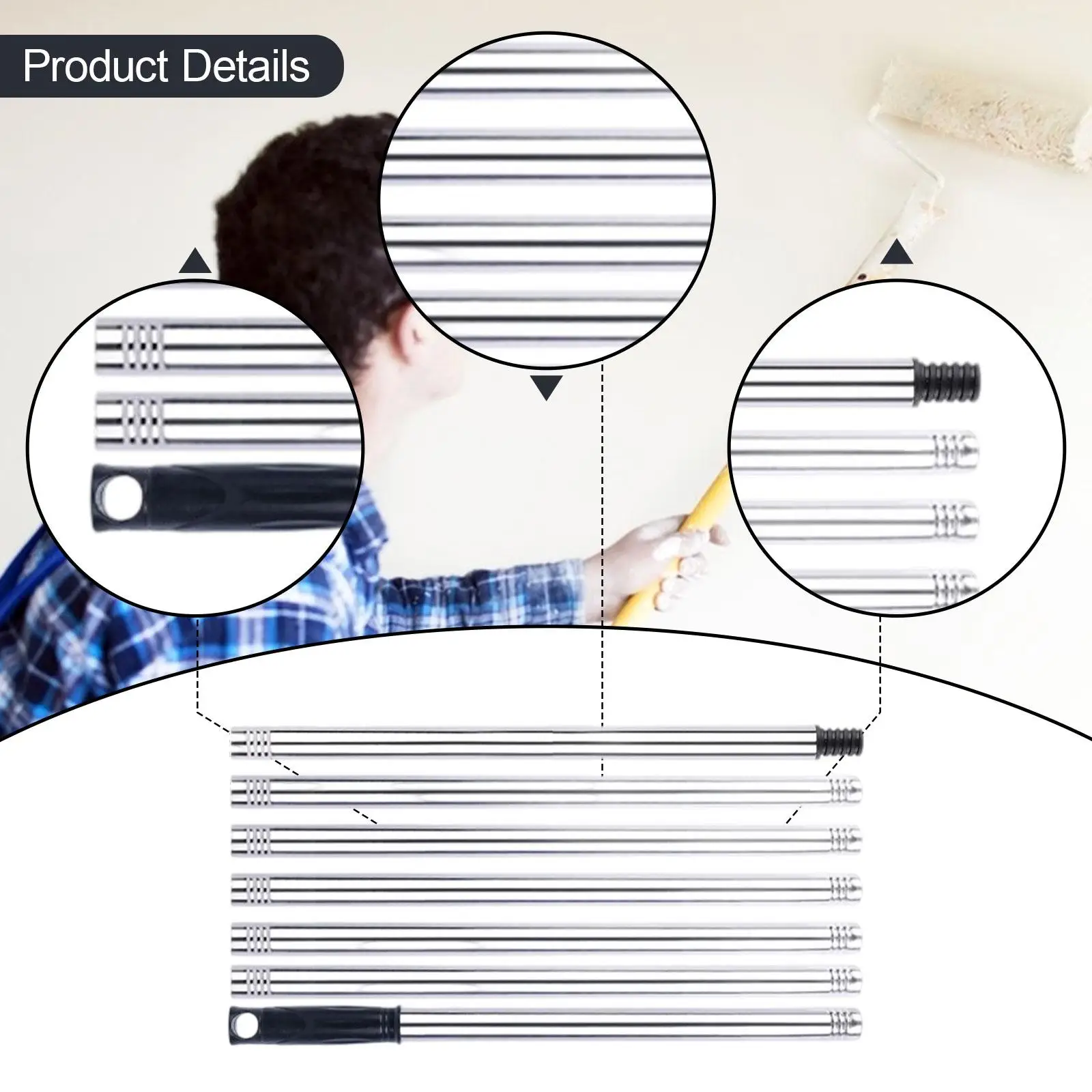 Stainless Steel Paint Roller Rod Adjustable Splicing Pole Easy Installation Brush Extender for High Reach Wall Painting