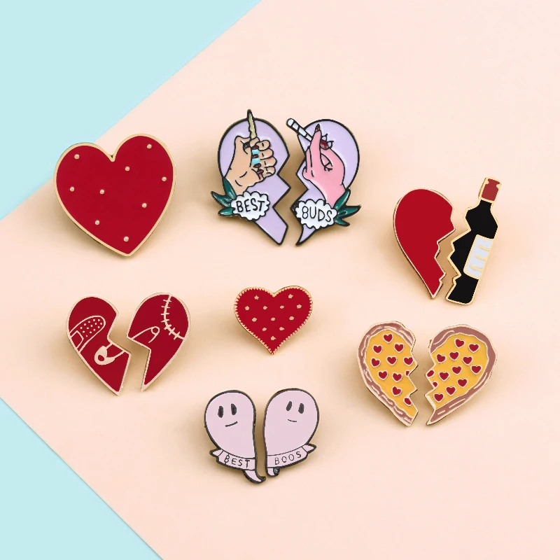 2pcs/set Broken Heart Enamel Pins Creative Wine Pizza BEST BUDS Smoke Brooches Clothes Bag Lapel Pin Badge Lovers Friend Jewelry