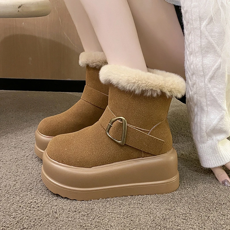 8cm novas mulheres botas de neve de pelúcia quente antiderrapante botas de inverno camurça couro grosso tênis de pele grossa botas de tornozelo de plataforma alta