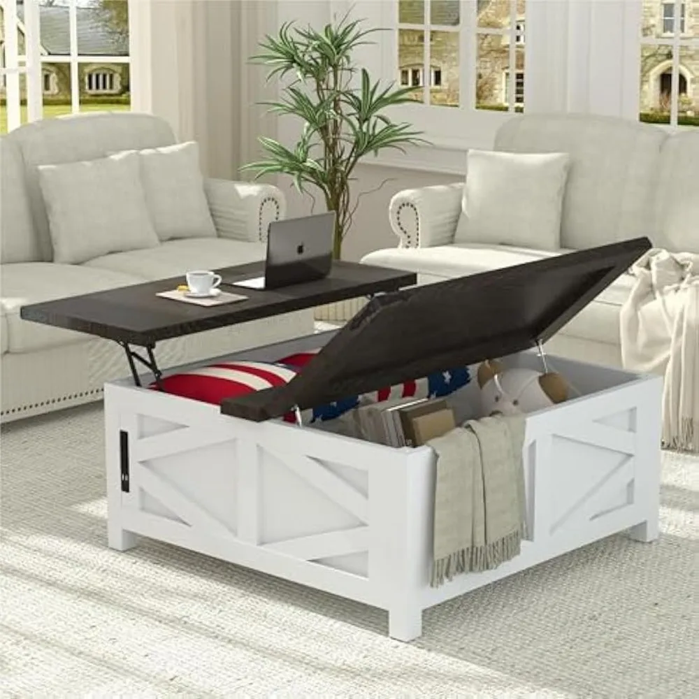 

Farmhouse Lift Top Coffee Table,Large Square Coffee Table with Flip-Up Hidden Storage Compartment, White Center Table with Power