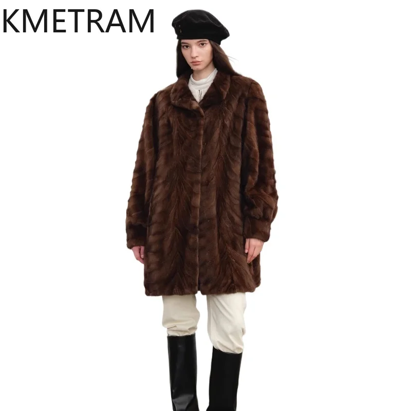 

KMETRAM 100% Natural Mink Fur Jacket Woman Old Money Style Mid Length Pieced Mink Fur Coat Winter Outerwears Women Clothing 2025