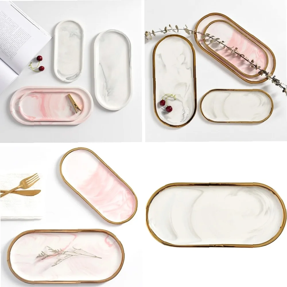 

Nordic Marble Texture Tray Ceramic Oval plate Western Dish Dessert Dish Jewelry Storage Tray