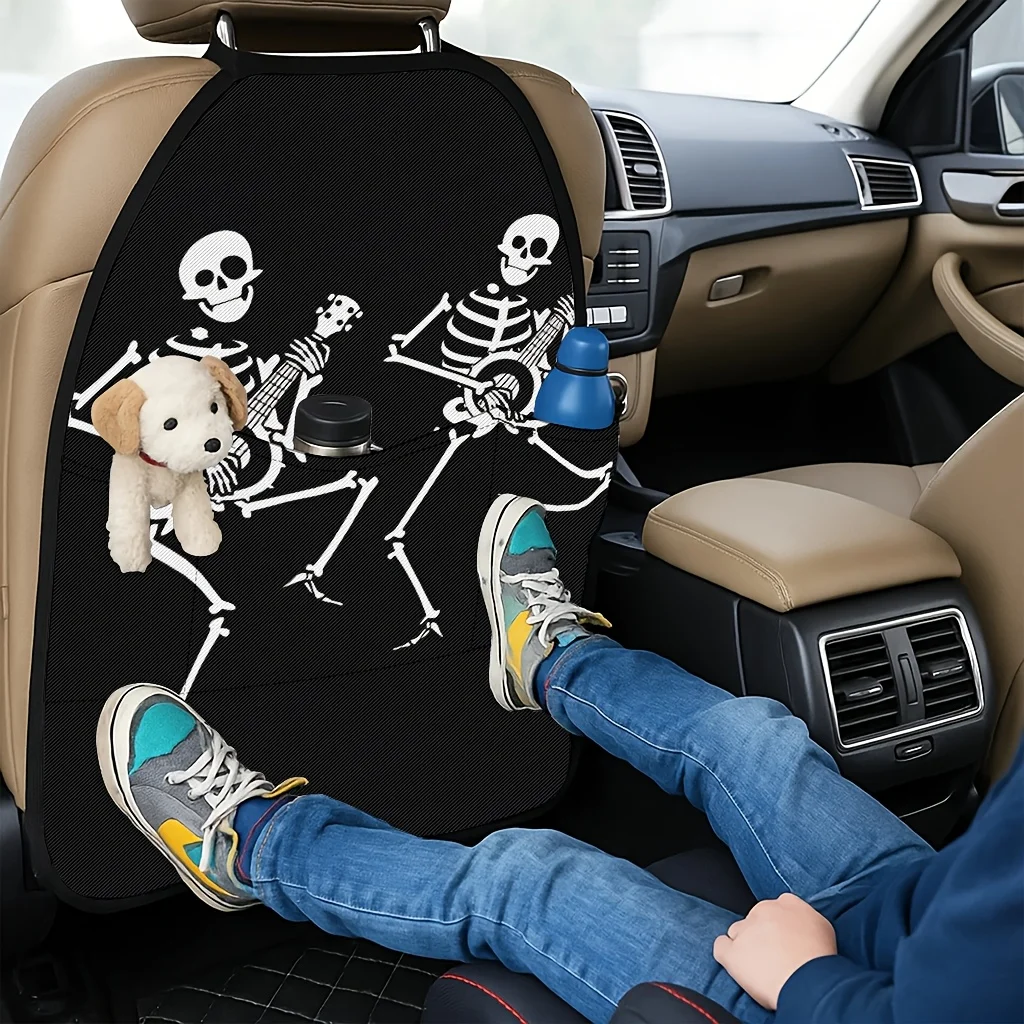 2pcs Skull Playing Guitar Theme Car Seat Anti-Kick Pads, Fashionable Individual Car Seat Back Kick Pads, Easy To Install, Storag