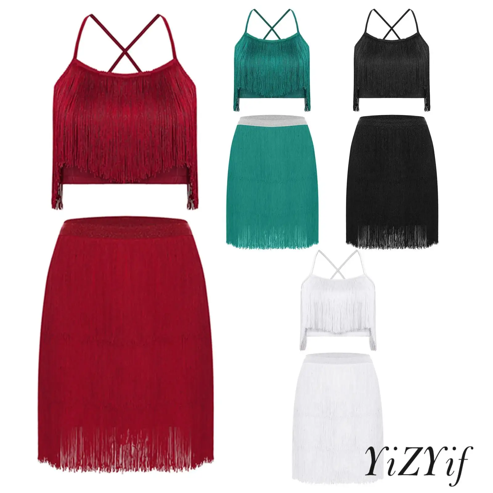 

Womens Latin Dance Set Sleeveless Spaghetti Straps Cross Back Fringe Crop Top and Skirt Tango Cha-Cha Stage Performance Costume