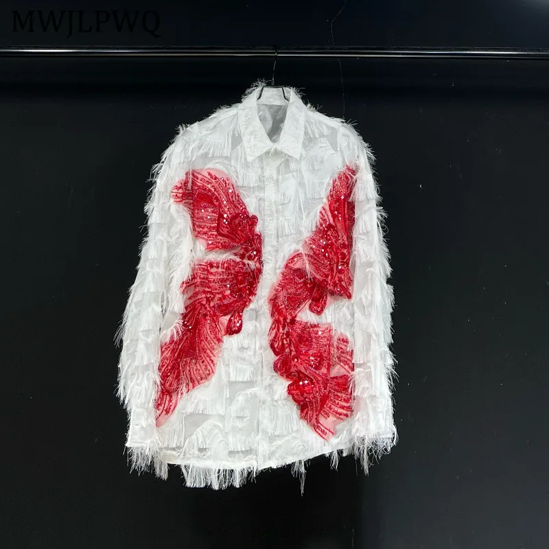 

MWJLPWQ Rough Edge Decorate Design Shirts Male Lapel White Tassel Beggar Loose Casual Long Sleeve Tops Trend 2025 New 11450