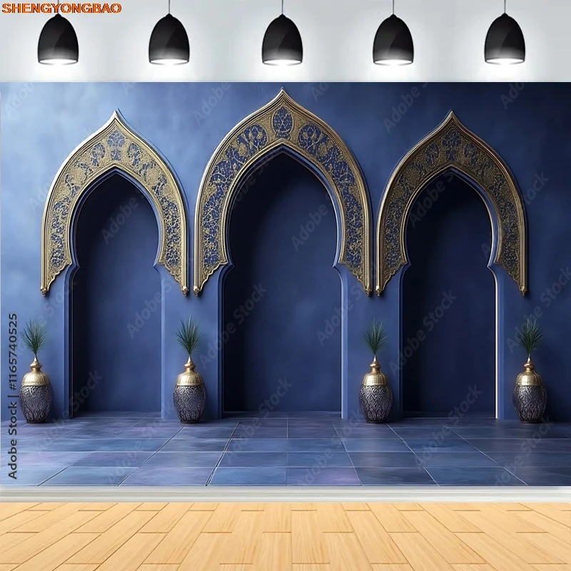 Golden Palace Interior Background Elegant Hall Marble Columns Arch Windows Luxury Weddings Banquets Photography Backdrops GK-03