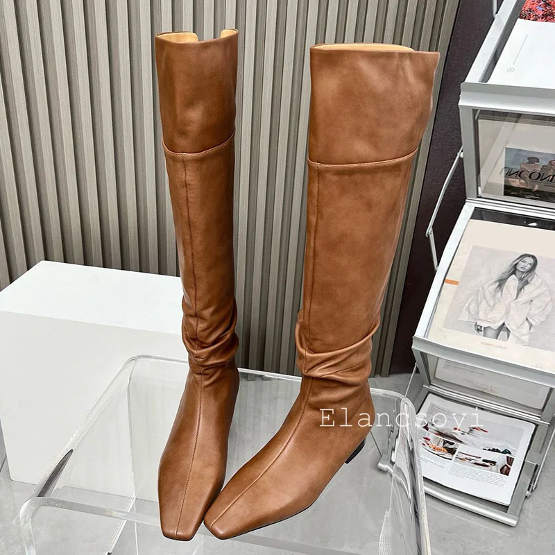 Autumn Winter New Square Toe Genuine Leather Over Knee Boots Women's Solid Color Zipper Long Boots Fashionable Western Boots