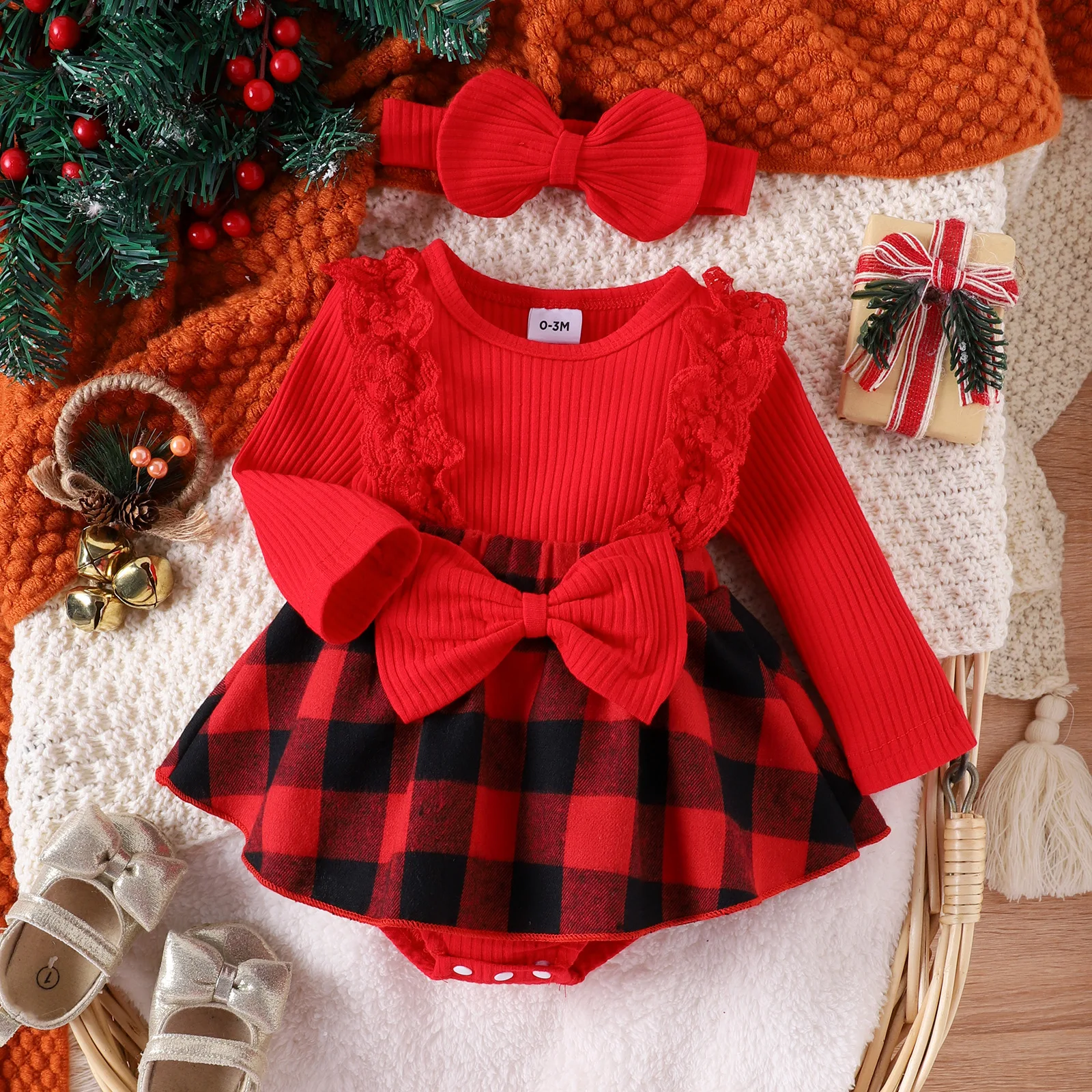 Baby Girls' Christmas Pit Stripe Spliced Lace Plaid Triangle Wrap Hip Romper Set Girls' Bow Princess Skirt