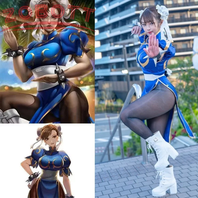 

Lady Chun Li Cosplay Dress Costume Game SF Role Play Blue Skirts Outfit Women Full Set Female Halloween Party Disguise Suit For