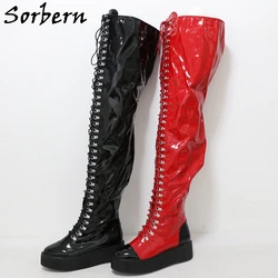 Sorbern Wedge High Heel Thigh High Boot Unisex Lace Up Flatform Winter Plush Lining Platform Shoes Round Toe Large Size Custom