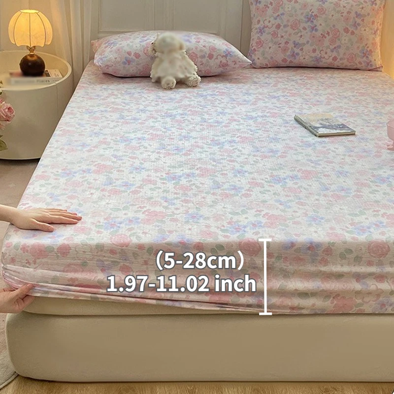 Soft Floral Fitted Bed Sheet Double-layer Yarn Technique Elastic Edges Deep Pocket Sheet Full Coverage for Queen King Size Bed