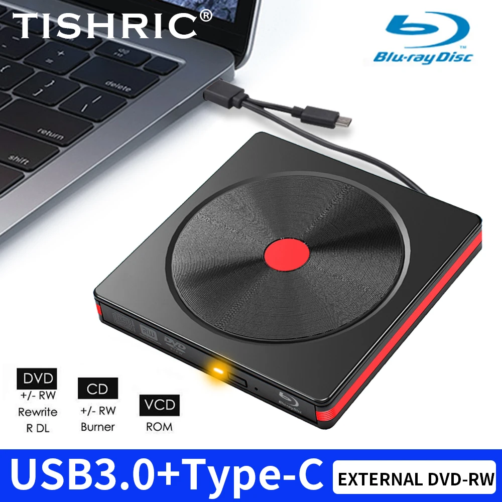 TISHRIC ODD HDD Device POP-UP Mobile External DVD-RW USB 3.0 Type C cable CD DVD Reader CD DVD Drive For Laptop Desktop PC