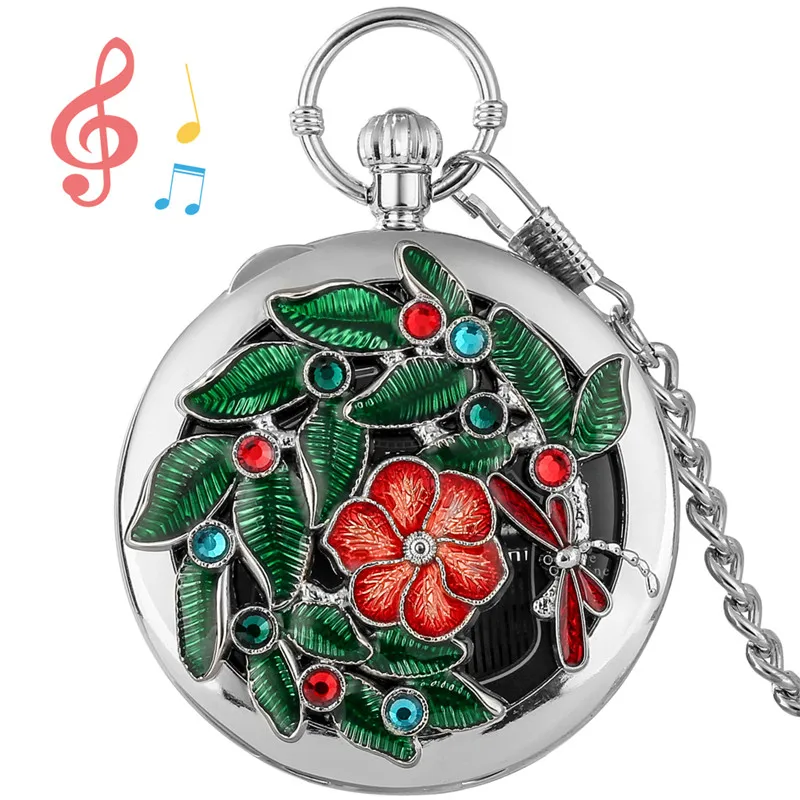 Vintage Musical Quartz Pocket Watch with Dragonfly Flower Design Plays Castle in the Sky Melody  Perfect Gift for Music Lovers
