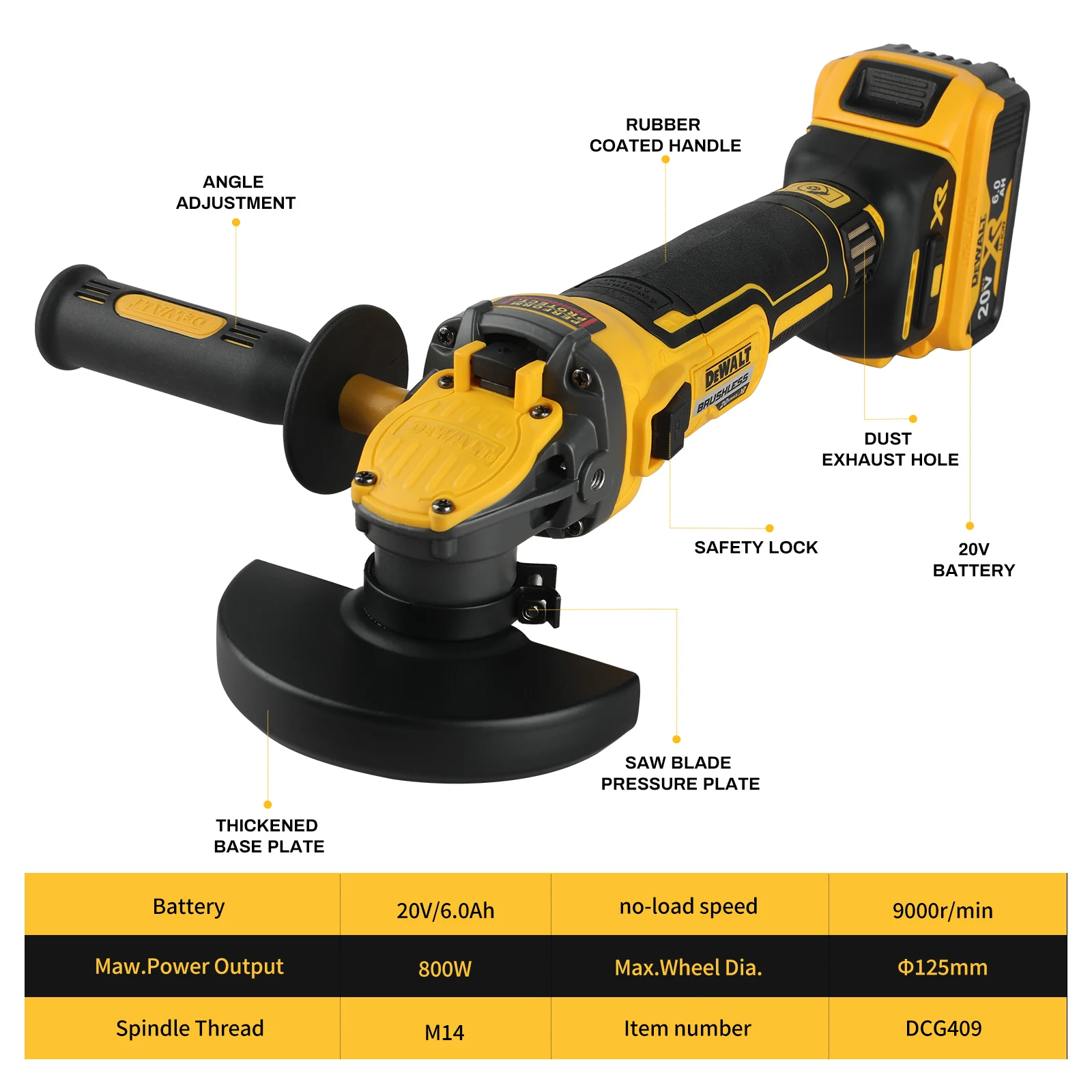DeWalt DCG409 125mm Flat-Head Angle Grinder Bare Tool Cutting Machine Suitable for DeWalt 20V Lithium Battery Brushless Tools