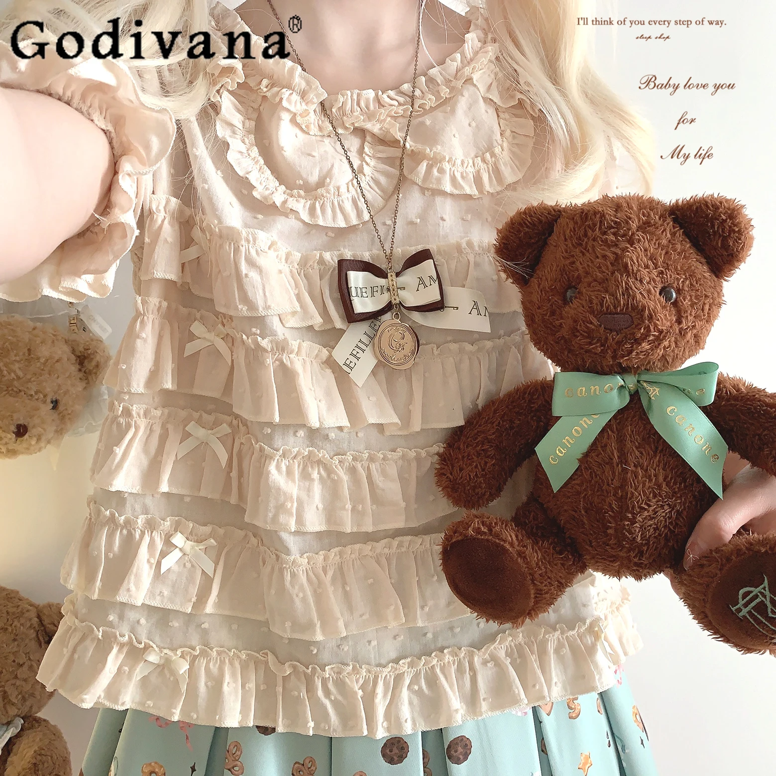 

Original Design Soft Girls Sweet Shirt Women's Spring and Summer New Sweet Bow Fungus Edge Loose Tops Student Kawaii Clothes