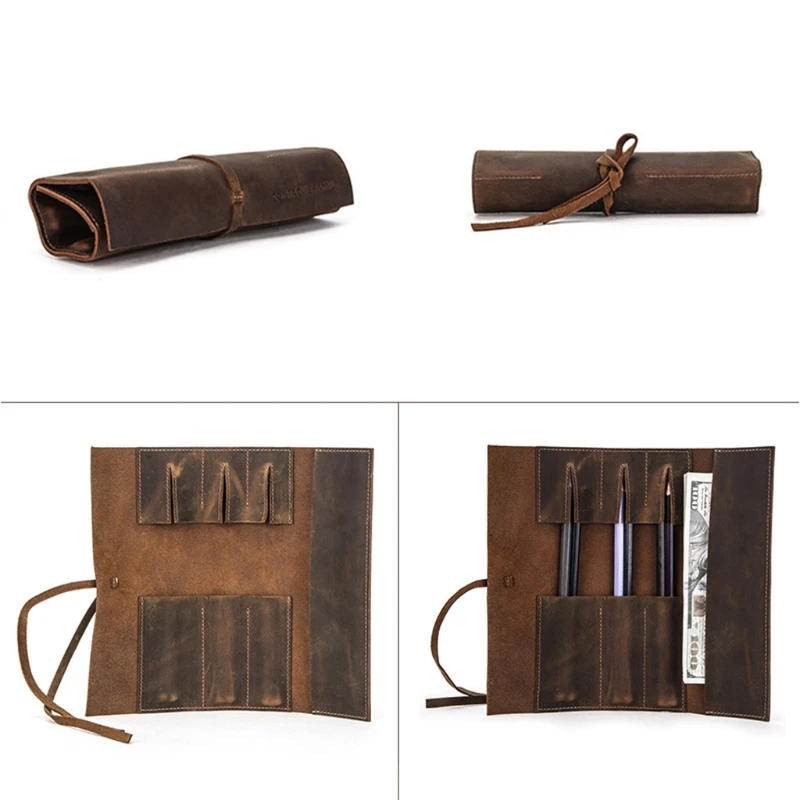 Retro Pencil Case Handmade Genuine Leather Roll Up Pen Curtain Bag Pouch Wrap Holder Stationery School Supplies 85DD