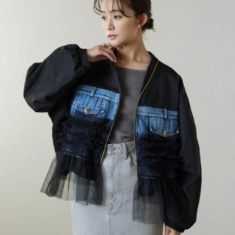 AW Mesh Spliced Short Jacket For Female Oversized Full Sleeve Coat Denim Spliced Black Cardigan Tops