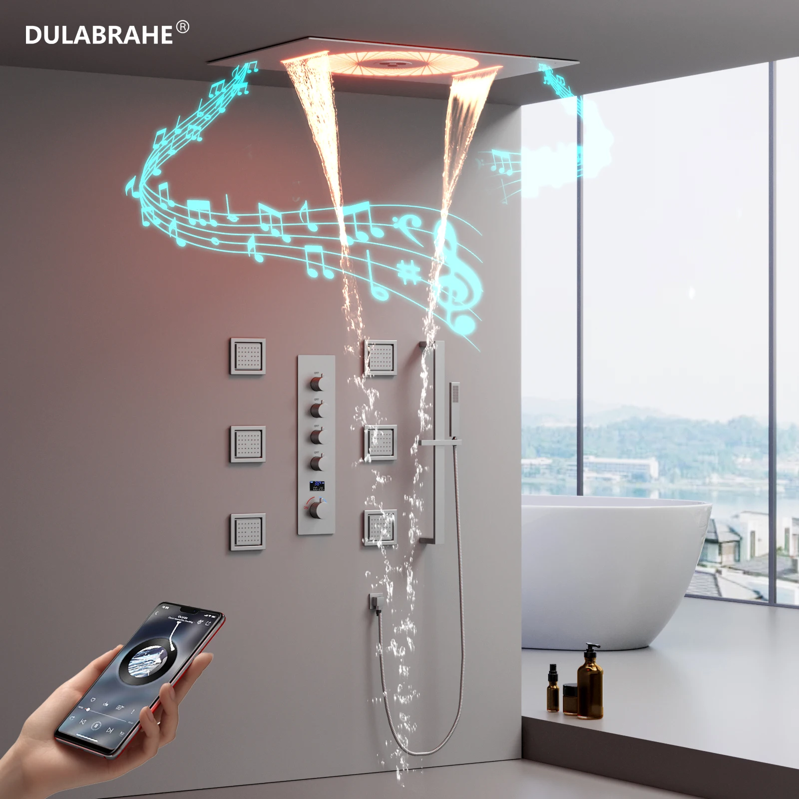 Home Bathroom Vertical Hot & Cold with Digital Display Music LED Shower Head System with Lifting Lever Handheld Faucet Set