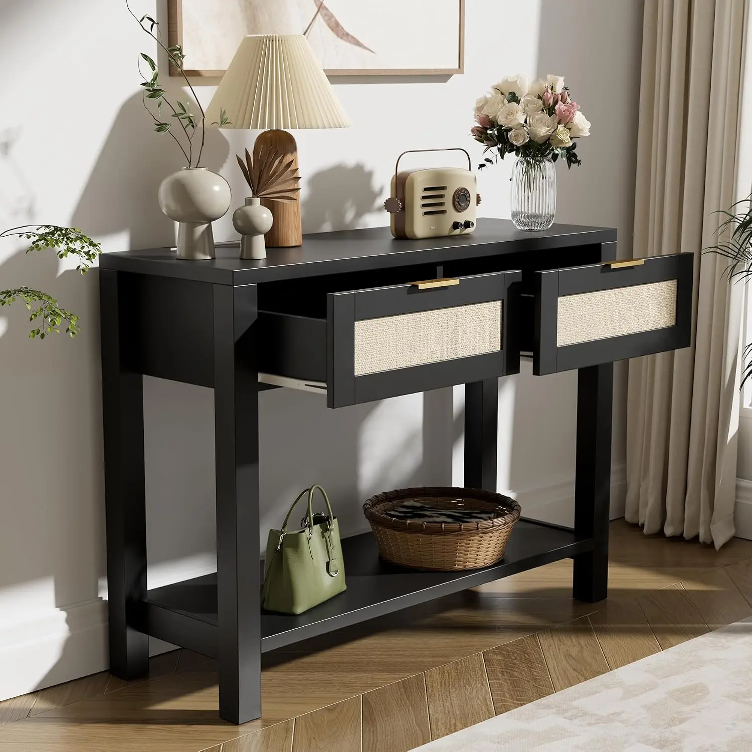 Boho Console Table with 2 Rattan Drawers & Open Shelf, Narrow Farmhouse Table for Entryway Living Room Hallway, Customized view 3