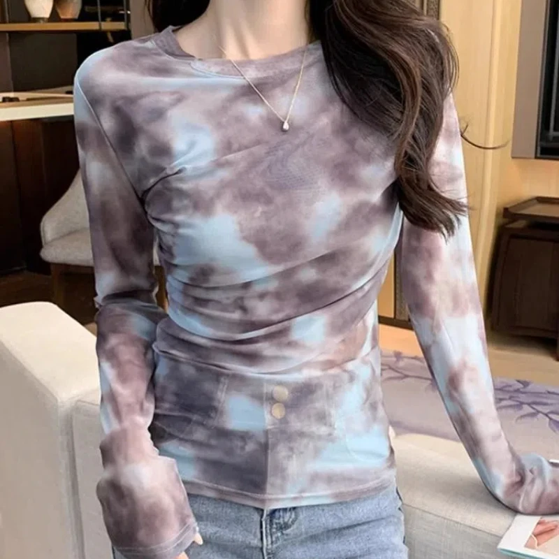 Women\'s Clothing Round Neck Pullover Long Sleeve Tie Dye Contrast Color T-shirt Casual Elegant Comfortable Spring Autumn Tops