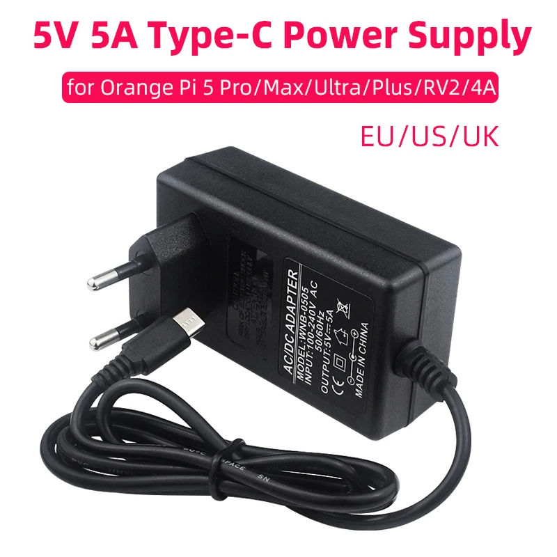 

Блок питания Orange Pi 5 В, 5 А, интерфейс Type-C, 100–240 В, вход, вилка стандарта ЕС, США, Великобритании для Orange Pi 5 Plus / Pro / Max / Ultra / 5 /4A RPI