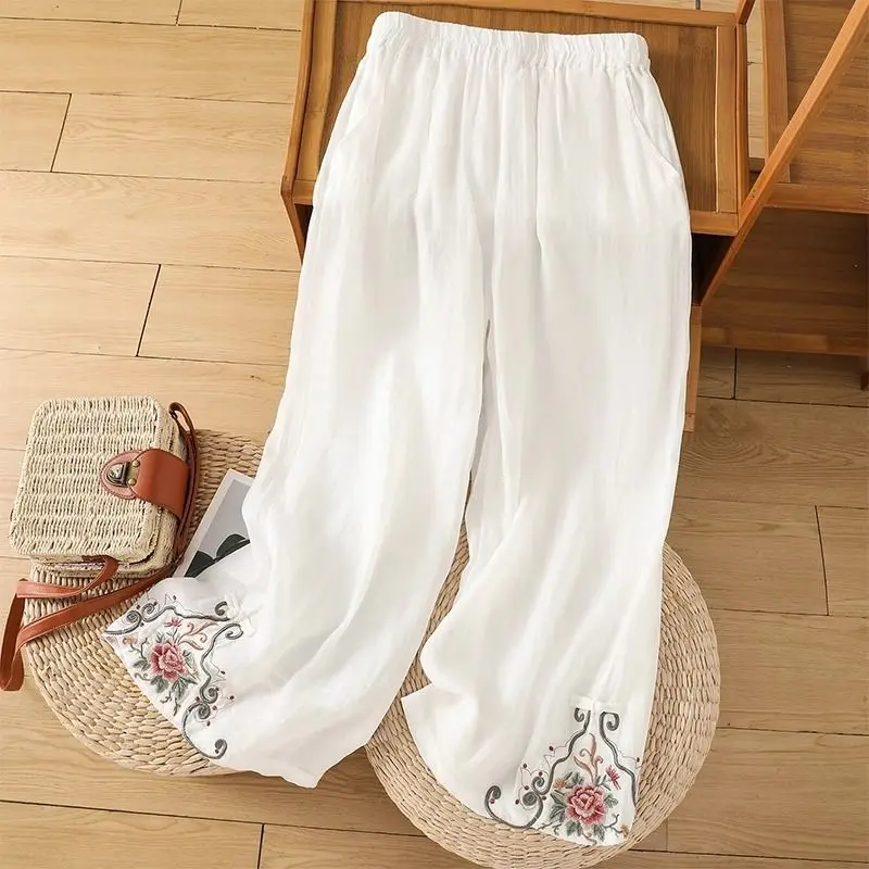 Calça feminina bordada com cintura elástica larga de algodão, estilo chinês feminino, calças soltas finas, verão