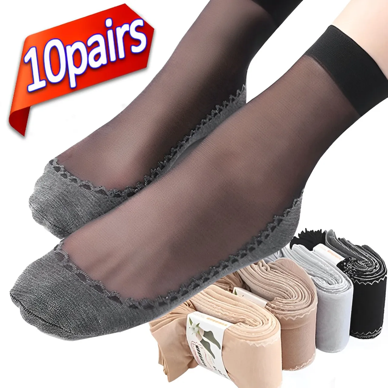 1/10pairs New Silk Velvet Ankle Short Sox Elastic Lace Socks Women Transparent Ultrathin Female Mesh Non-Slip Bottom Splice Sock