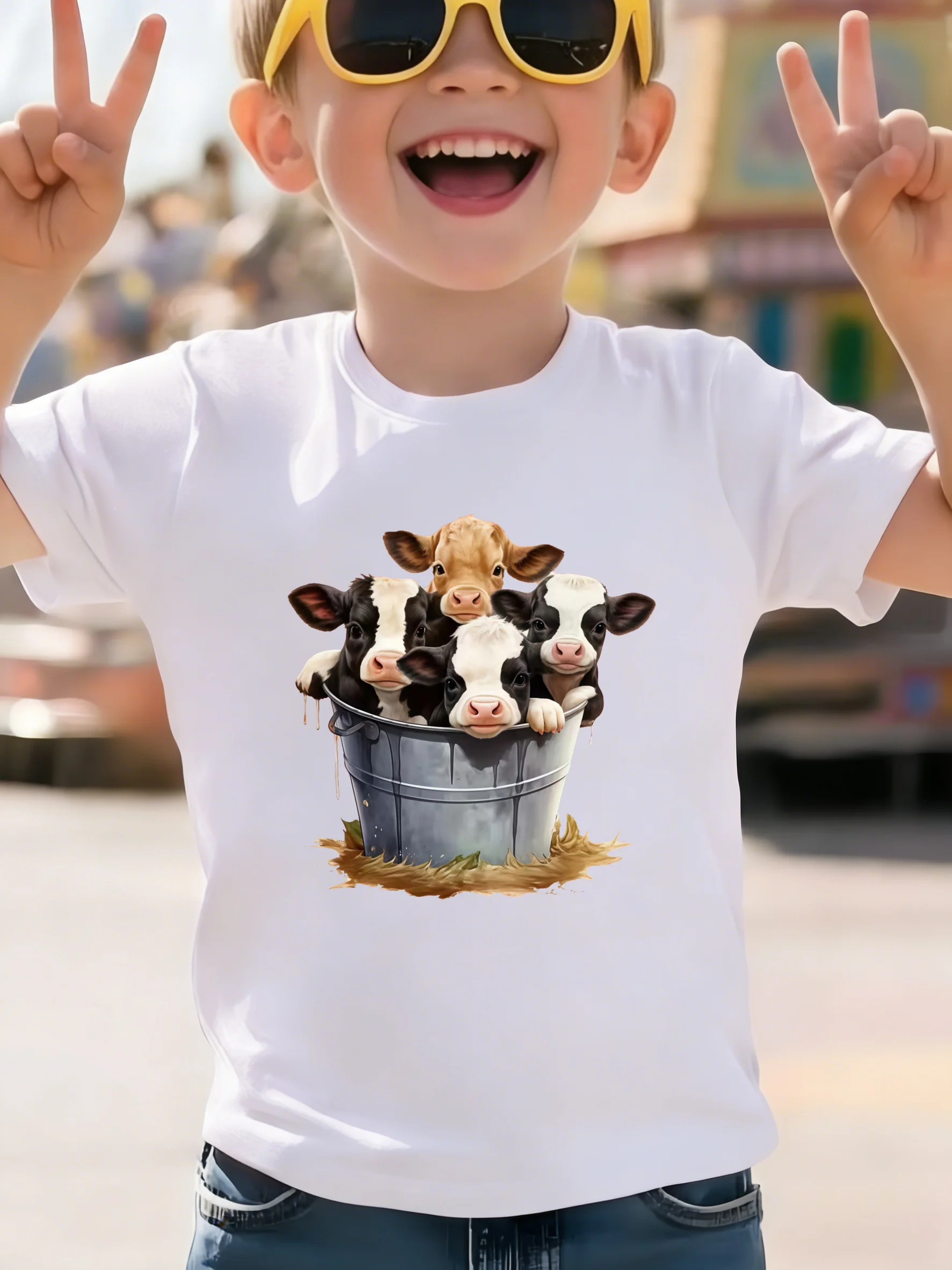 Kids Royal  Cotton Tee Cute Baby Cows In Metal Bucket Hay Farm Animal Print Crew Neck Short Sleeve Toddler Casual Tops