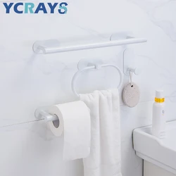 YCRAYS No Drilling White Bathroom Accessories Sets Toilet Tissue Roll Paper Holder Towel Rack Bar Rail Ring Robe Hook Hardware