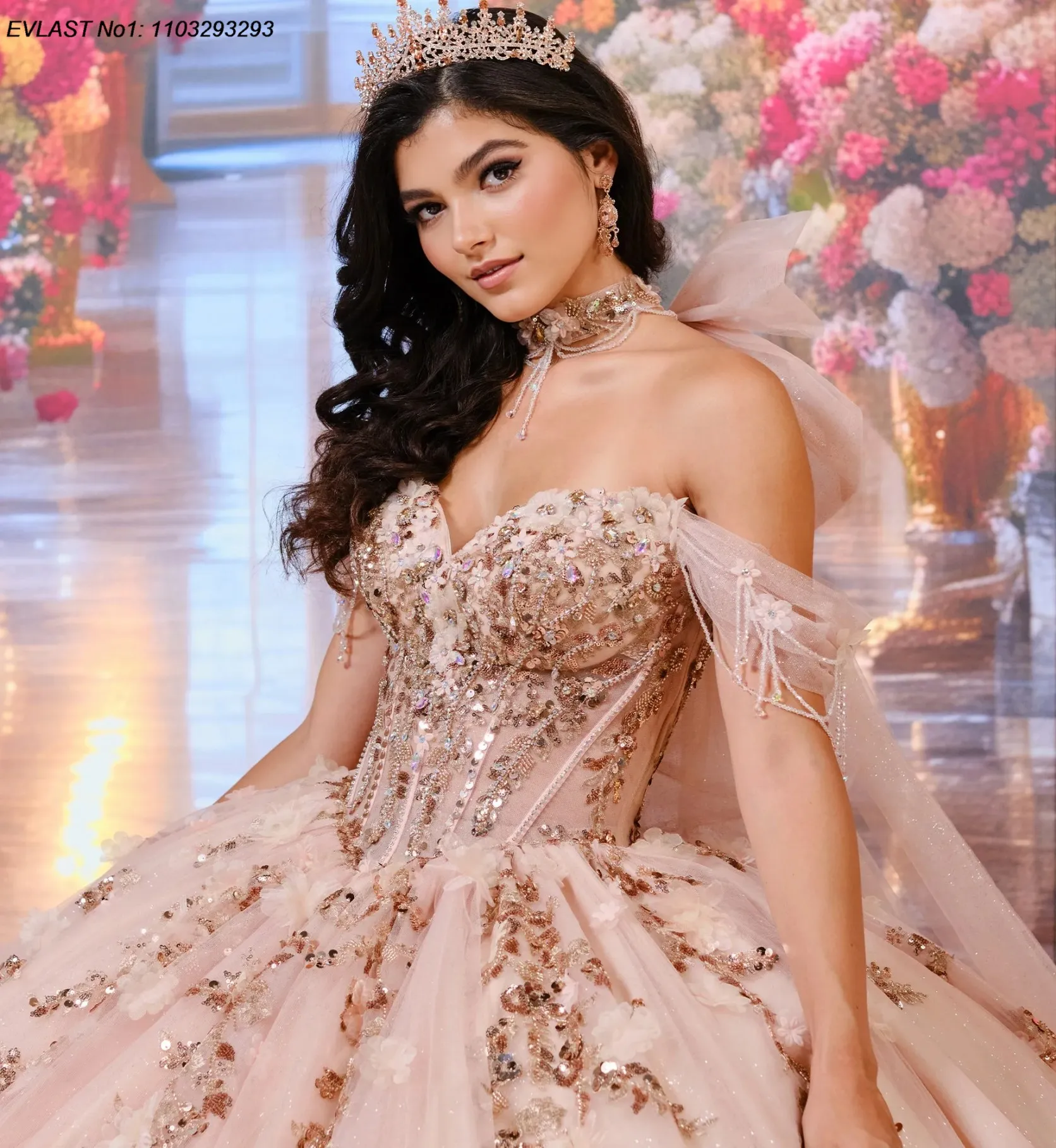 EVLAST-Robe de Quinceanera Rose Mexicaine Personnalisée, Robe de Bal à Paillettes, Appliques en Dentelle, Cape de Perles, Douce 16, E1Q74