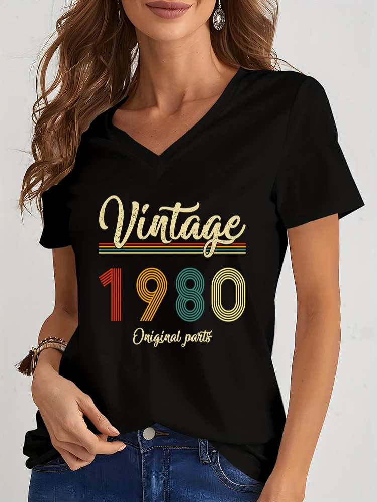 Women’s Tees New Trend Shirt 1980 To 1989 Birthday Women Shirts Graphic Tee Original Parts Tshirt V-neck Y2k Casual Fashion Tee