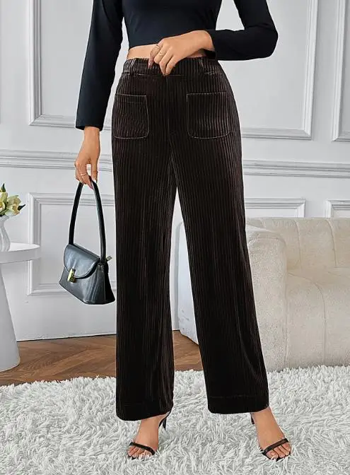 

New Autumn and Winter Solid Color High Waisted Button Corduroy Straight Leg Pants for Women's Casual Daily Commuting Pants