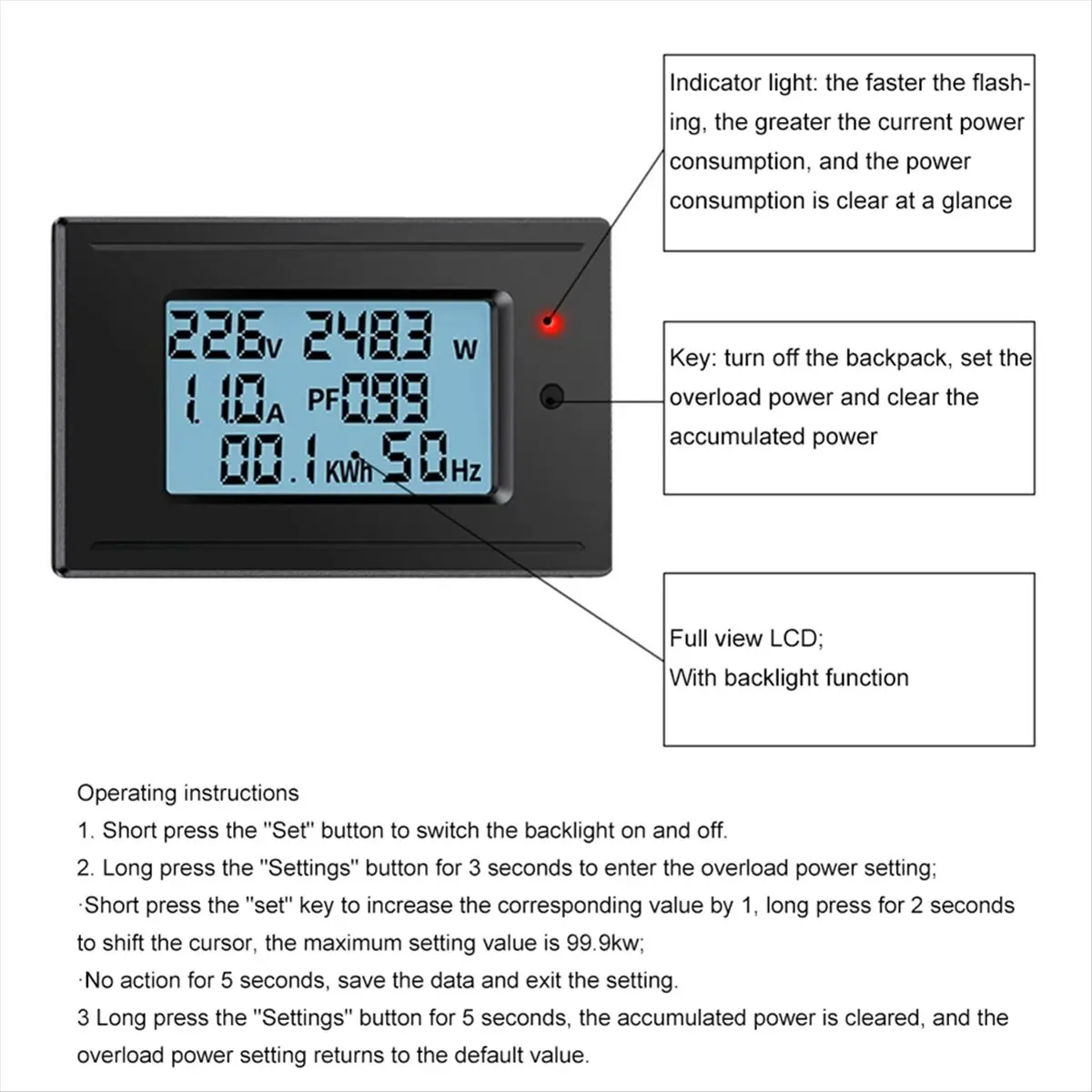 A72Z AC 100A Digital Voltmeter Ammeter 6-in-1 Multifunction Tester LCD Voltage Current Power Test Meter Wattmeter